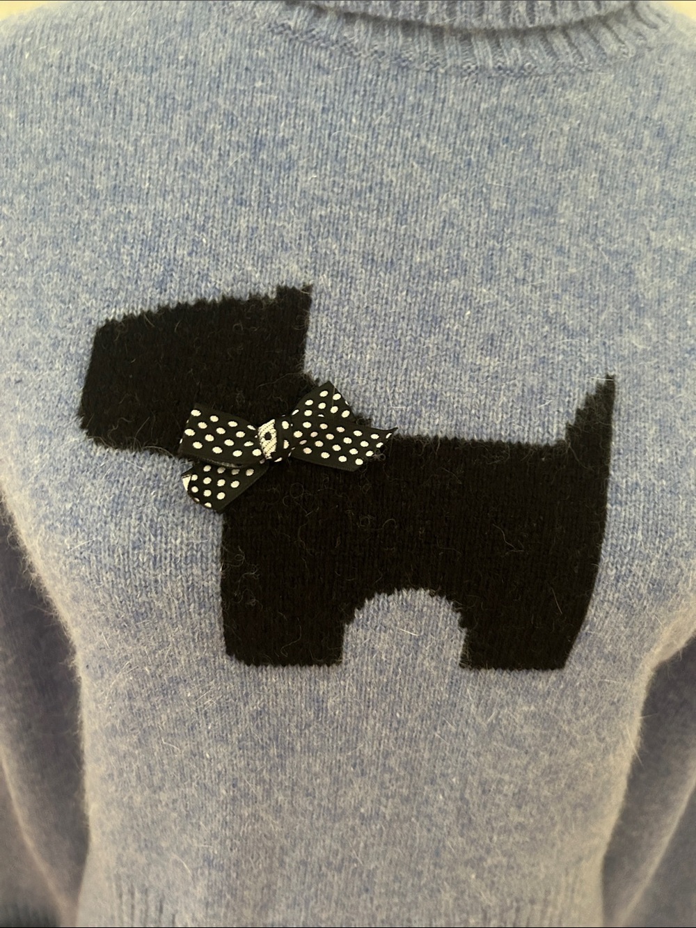 Alexandra Bartlett Blue Wool Turtleneck Sweater with Black Scottie Dog Sz S - Picture 2 of 5